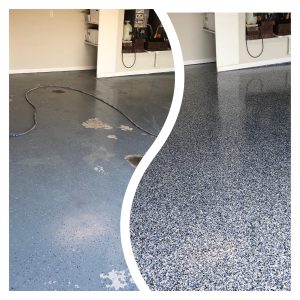 Before and after of garage floor that had a DIY floor coating on it that was failing. It was replaced with one of our forever floors.