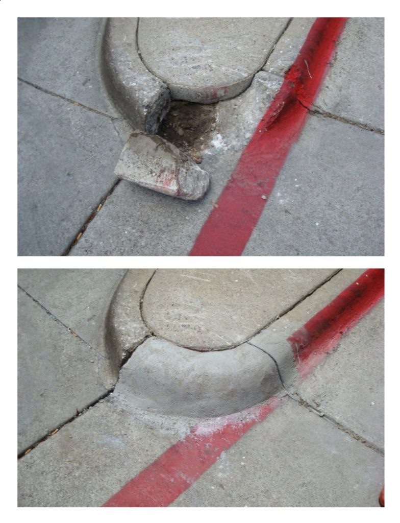 Repaired concrete curb